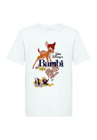 Balta medvilninė marškinėliai su animacinio personažo Bambi ir jo draugų dizainu, ryškiomis spalvomis ir gėlių akcentais. Įtraukta užrašas "Walt Disney's Bambi".