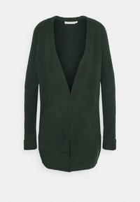 Tmavě zelený pletený svetr, otevřený vpředu, dlouhé rukávy, se dvěma kapsami a žebrovanými manžetami. Měkká textura s volným střihem.