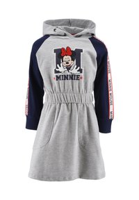 Vestido de sudadera gris con capucha y mangas en azul marino. Presenta un gráfico de Minnie Mouse, cintura elástica y bolsillos laterales. Acentos rojos en las mangas.