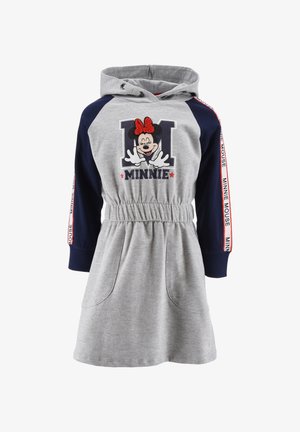 Robe-sweat grise avec capuche et manches bleu marine. Présente un motif de Minnie Mouse, une taille élastique et des poches latérales. Accents rouges sur les manches.
