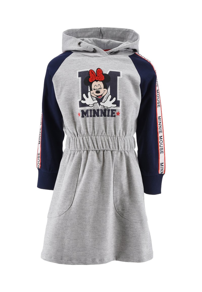 Vestido de sudadera gris con capucha y mangas en azul marino. Presenta un gráfico de Minnie Mouse, cintura elástica y bolsillos laterales. Acentos rojos en las mangas.