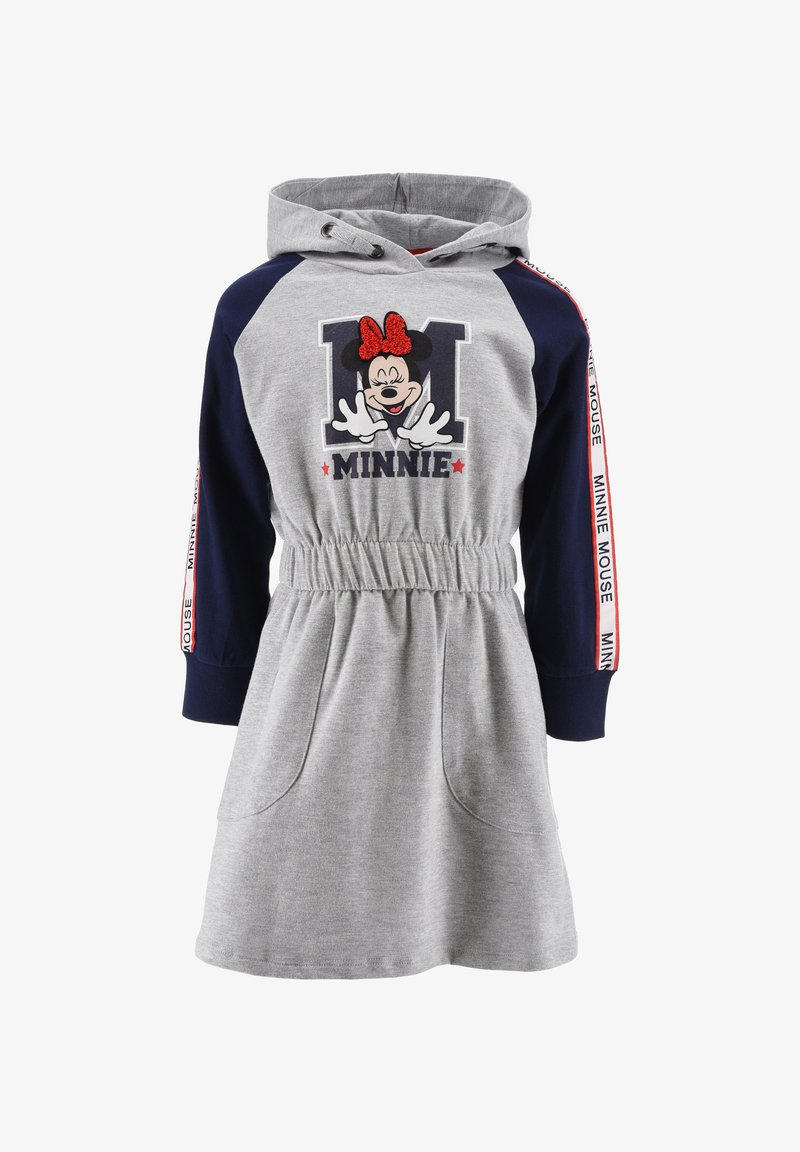 Graues Sweatkleid mit navy-blauem Kapuzen- und Ärmeldesign. Mit einem Minnie-Maus-Motiv, elastischem Taillenbund und seitlichen Taschen. Rote Akzente an den Ärmeln.
