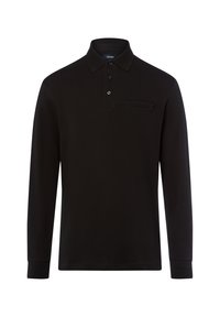 Czarna longsleeve polo w wykonaniu z miękkiej tkaniny, z kołnierzykiem, trzyguzikowym zapięciem oraz kieszenią na piersi. Prosty design.