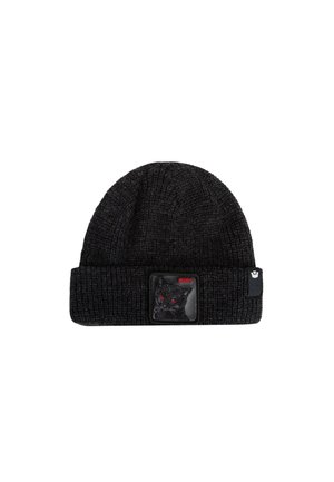 Zwarte gebreide beanie met omgeslagen rand, voorzien van een rechthoekige patch van een zwarte kat met rode ogen en het woord "MISFIT" in het rood.