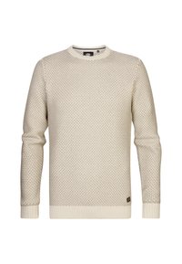 Light beige knit sweater with a textured pattern, round neckline, and ribbed cuffs. Includes a small logo patch near the hem.