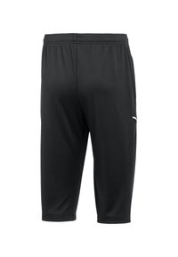 Zwarte, knielange shorts van gladde, rekbare stof met een elastische tailleband en een witte zijaccent. Minimalistisch ontwerp.