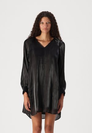 Black silk dress with a V-neck, long puff sleeves, and a relaxed fit. Smooth texture, knee-length, with subtle sheen and gathered detailing.