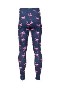 Leggings mit navy Hintergrund, die ein sich wiederholendes Muster von rosa Flamingos in verschiedenen Posen zeigen. Hergestellt aus dehnbarem, glattem Stoff.