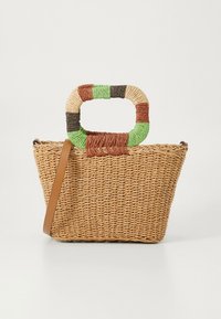 Kootud õlest käekott, ristkülikukujuline, millel on mitmevärviline punutud käepide ja eemaldatav pruun õlarihm.