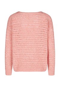 Rosa stickad tröja med ett löst, öppet vävmönster, långa ärmar och en bred halsringning. Mjuk textur med en något kortad passform.