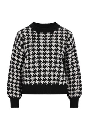 Schwarzer und weißer Hahnentrittmuster-Pullover, runder Ausschnitt, lockere Passform, gerippte Bündchen und Saum, gestrickte Textur, cropped Länge.