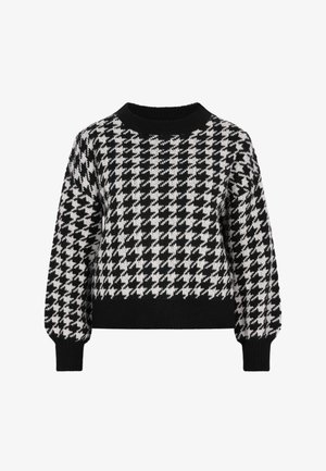 Schwarzer und weißer Hahnentrittmuster-Pullover, runder Ausschnitt, lockere Passform, gerippte Bündchen und Saum, gestrickte Textur, cropped Länge.