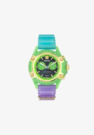 Ceas luminos, multicolor, cu o curea translucentă verde și violet, accente aurii și un cadran cronograf negru cu indicatoare albastre.