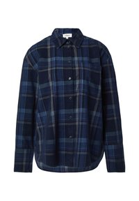 Marineblauwe geruite blouse, met knoopsluiting, voorzien van een kraag, in verschillende tinten blauw en grijs, van zachte stof en met lange mouwen.