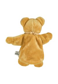 Soft plush teddy bear in light brown, featuring round ears and a tied neck. Back view shows smooth texture and care label at the bottom.