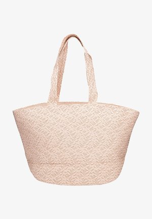 Duża beżowa pleciona torba na ramię z dwoma szerokimi uchwytami i wzorem w kształcie rombu na gładkim tle.