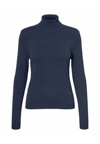Tums zils turtlenecks džemperis mīksta adījuma audumā, ar garām piedurknēm un pieguļošu siluetu, kuram ir ribotie akcenti apkaklē un apakšmalā.