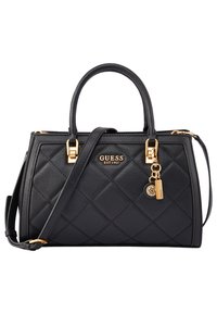 Sac à main noir matelassé avec ferrures dorées, doubles poignées et bandoulière amovible. Doté d'un charm logo et d'une finition en cuir texturé.