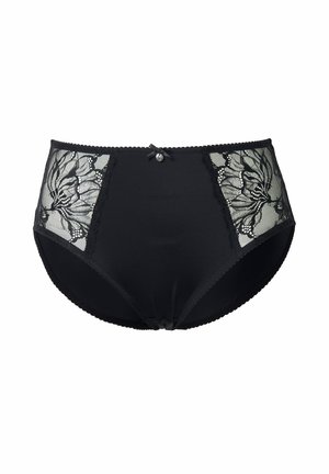 Ropa interior femenina negra de talle alto con paneles de encaje floral en los lados y un pequeño lazo con encanto en el centro de la cintura frontal.