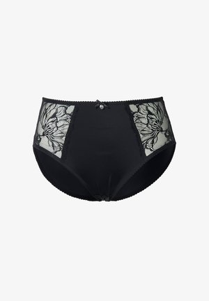 Schwarze Damenunterwäsche mit hohem Bund, verziert mit floralen Spitzenpaneelen an den Seiten und einer kleinen Schleife mit Schmuckanhänger an der vorderen Bundmitte.