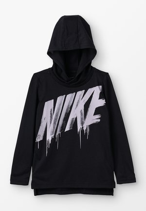 Sudadera negra con capucha que presenta un gran logotipo de Nike plateado goteando en la parte delantera. Hecha de una tela suave, con mangas largas y un corte relajado.