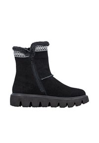 Botas negras hasta el tobillo hechas de suave ante, con cremallera lateral, forro de piel sintética y un puño de tela estampada en contraste con una suela de goma gruesa.