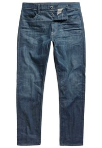 Ciemnoniebieskie dżinsy z jeansu o prostym kroju, pięć kieszeni, rozporek na guziki oraz kontrastowe przeszycia. Gładka tekstura z delikatnym przetarciem.