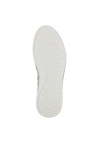 Semelle de chaussure en caoutchouc blanc texturé, avec des motifs ondulés et un logo en relief. Le bord latéral montre une construction supérieure tissée de couleur beige clair.