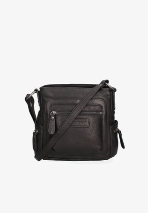 Schwarze Crossbody-Tasche aus Leder mit vorderer Reißverschlusstasche, seitlichen Fächern und verstellbarem Riemen.