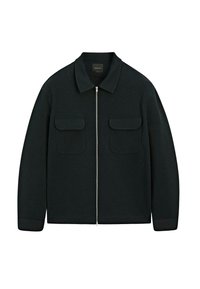 Veste zippée noire en tissu texturé, avec un col, deux poches poitrine et des poignets côtelés. Design simple sans motifs.