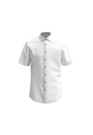 Chemise blanche à manches courtes en tissu lisse, dotée d'une poche poitrine unique et de boutons noirs, avec un col à motifs en accent.