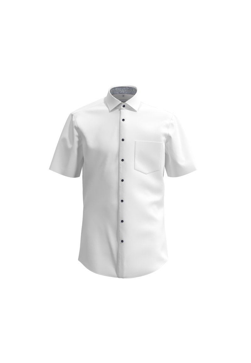 Camicia bianca a maniche corte realizzata in materiale liscio, con una singola tasca sul petto e bottoni neri, arricchita da un colletto decorato.