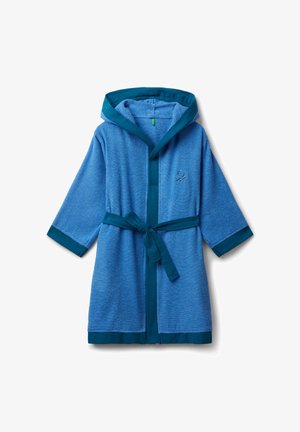 Blue terry cloth bathrobe with a hood, featuring dark blue trim, a waist tie, and an embroidered logo on the chest. Soft texture.