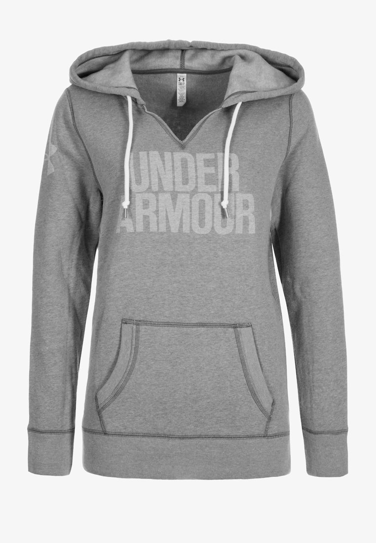 Grau Baumwollhoodie mit Kordeln, vorderer Kängurutasche, V-Ausschnitt-Design und großem Branding "UNDER ARMOUR" in Weiß auf der Vorderseite.