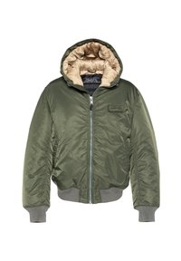 Cazadora bomber verde con capucha, exterior liso, interior acolchado beige, cierre de cremallera y puños y dobladillo acanalados.