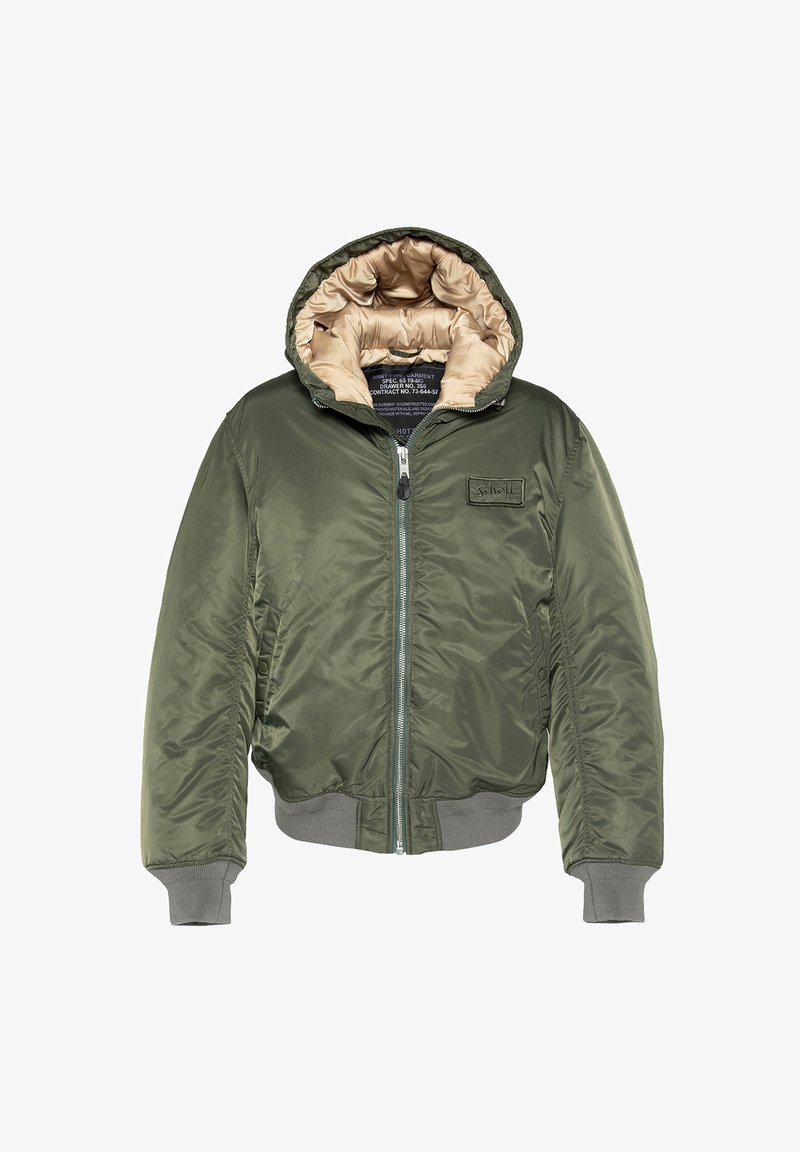 Zielona kurtka bomberka z kapturem, z gładką zewnętrzną warstwą, beżową wyściółką, zamkiem błyskawicznym oraz ściągaczami na mankietach i u dołu.