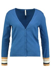 Blå ribbad cardigan med V-ringning och långa ärmar. Har kontrasterande randiga detaljer i guld, svart och kräm på ärmsluten.