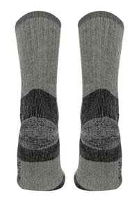 Graue Socken mit einem strukturierten Strickmuster, die einen dunkleren Fersen- und Zehenbereich sowie einen helleren, gemusterten Bereich darüber aufweisen, entworfen für Komfort.