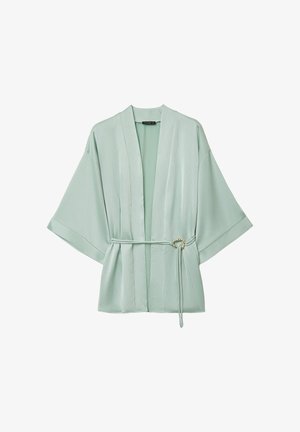 Light green kimono-style short-sleeve jacket with a textured fabric and thin belt featuring a small gold buckle on the right side.