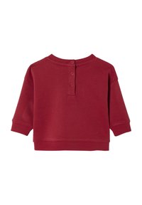 Roter Baumwoll-Sweatshirt mit rundem Ausschnitt, Dreiviertelärmeln und zwei Druckknöpfen hinten. Gerippter Saum und Bündchen.