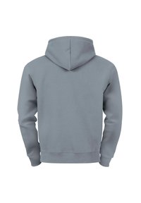 Hellgrauer Hoodie mit Kapuze und Zugband, langen Ärmeln und weicher Textur. Mit gerippten Bündchen und Saum. Rückansicht.