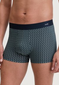 Men's boxer briefs in navy with a zigzag pattern in light blue. Made from soft, stretchy fabric with an elastic waistband featuring "CALIDA" branding.