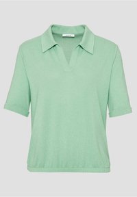 Bledě zelená polo košile s krátkým rukávem, se širokým límcem, výstřihem do V a ohrnutými rukávy; vyrobena z měkké, strukturované látky s volným střihem.