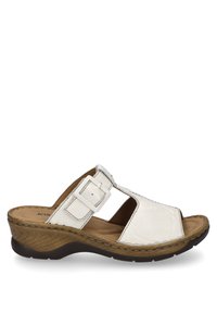 White leather slide sandal with an open toe. Features a side buckle, textured brown outsole, and a slight wedge heel for elevation.