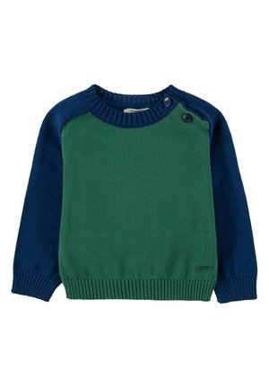 Grøn og marineblå strikket sweater med rund hals, lange ærmer og ribkant forneden. Har knappedetalje på venstre skulder.