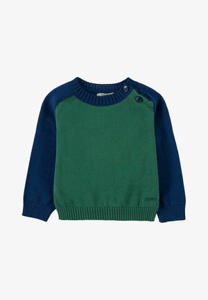 Pull tricoté vert et bleu marine avec un col rond, des manches longues et un ourlet côtelé. Présente un détail de boutons sur l'épaule gauche.