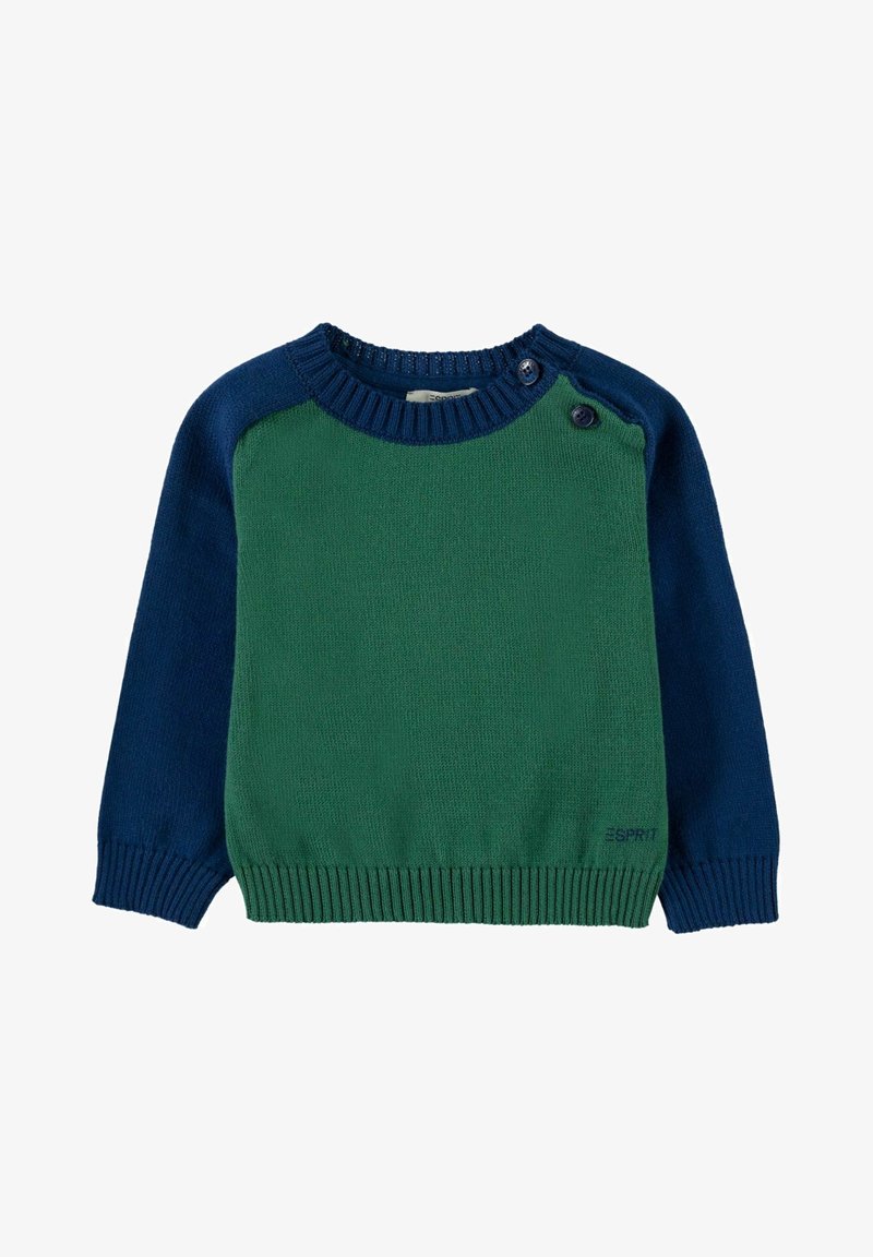 Pull tricoté vert et bleu marine avec un col rond, des manches longues et un ourlet côtelé. Présente un détail de boutons sur l'épaule gauche.