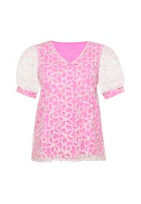 Lyserød blomstret top med V-hals, gennemsigtige puffærmer og en tekstureret overflade. Lys pink foring synlig indeni.