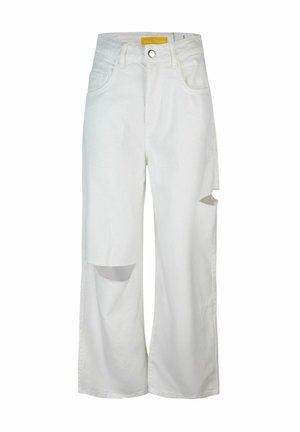 Jeans in denim bianco con una vestibilità rilassata, dotati di una vita alta, dettagli strappati sulle gambe e design classico a cinque tasche.