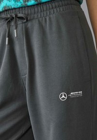 Szare dresy z prążkowanym pasem w talii i sznurkiem do regulacji. Zawierają białe logo AMG Petronas na dolnej części nogawki. Gładka tekstura, luźny krój.